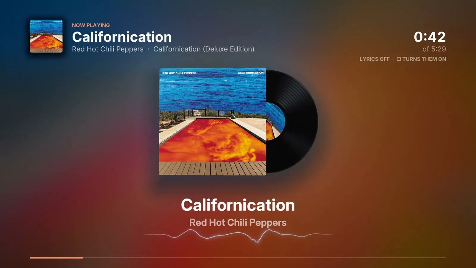 The visualizer in motion: the cover and its record, then the lyrics in time with the music over the album backdrop, and back to the record.