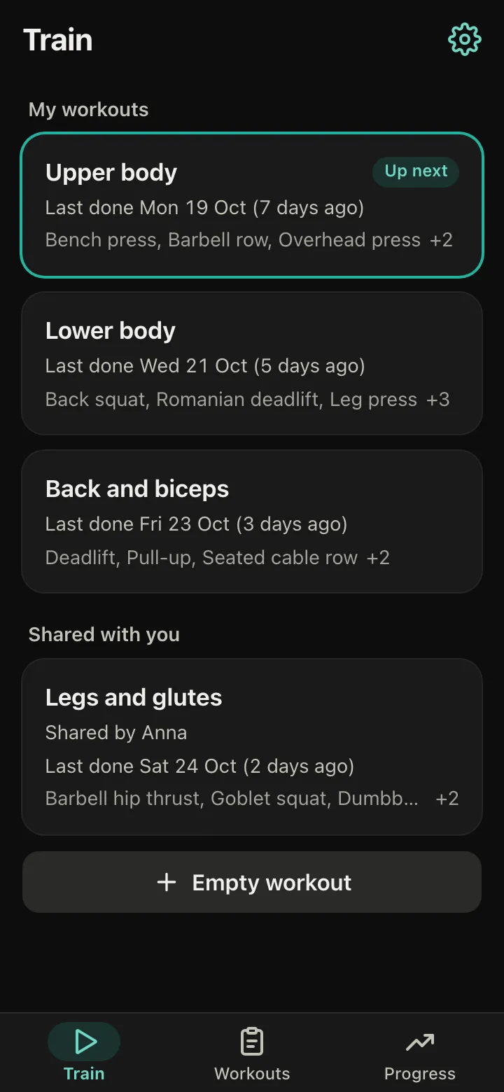 The Train screen: your workouts with the next one highlighted, and a workout a friend shared.