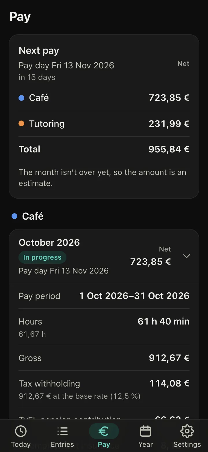 The next pay: net per job, then the month's hours, gross pay and withholding.