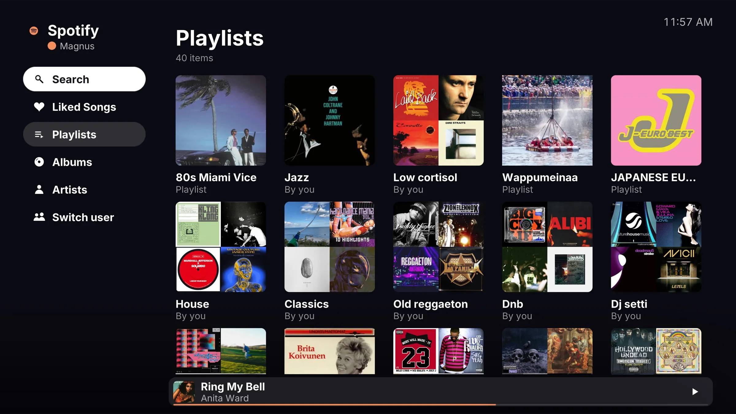 The main menu: Search, Liked Songs, Playlists, Albums, Artists and Switch user in the sidebar, the playlists as a grid of covers, and the playing song in a bar at the bottom.